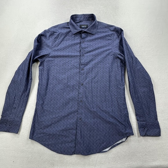 Bugatchi Shirt Mens Medium Navy OoohCotton Tech Herringbone Stretch Button Down - Picture 1 of 13